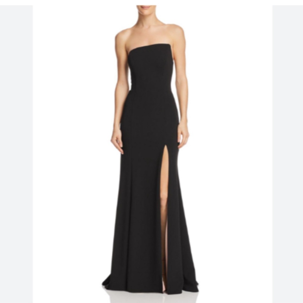 AQUA Ladies Solid Black Strapless Maxi Dress w/ Leg Slit, Size 0